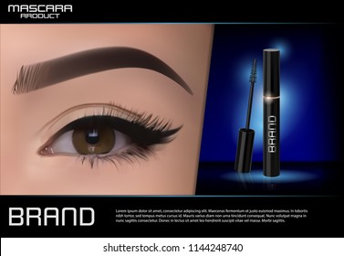 Luxury mascara ads,with bright left eye, eyelash and colorful brushes for advertising use,black and golden package with streamline background illustration vector design.