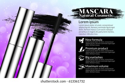 Luxury mascara brush silver package with eyelash applicator Cosmetics Package Design Promotion Product pink background. Advertising Banner Billboard Poster Catalog. 3D Vector Illustration