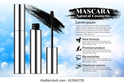 Luxury mascara brush silver package with eyelash applicator Cosmetics Advertising Banner Billboard Poster Catalog. Package Design Promotion Product blue background. 3D Vector Illustration.