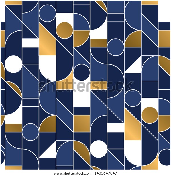 Luxury masculine marine blue and gold geometric\
outline shapes seamless pattern. Retro line geometry 70s chic\
repeatable motif for fabric, background, surface design, textile.\
Tile rapport vector