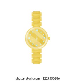 Luxury mechanical wrist watch with golden chain and diamonds on dial. Elegant female accessory. Flat vector icon