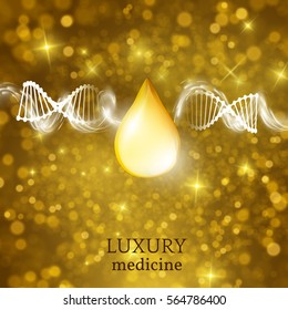 Luxury medical background with DNA strand and drop golden glitter. EPS10