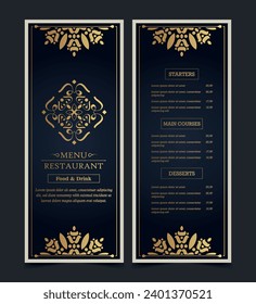 Diseño de menú de lujo con elementos ornamentales