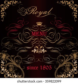 Luxury menu template or invitation card in vintage Victorian style red and golden colors