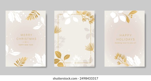 Vector de lujo de las Navidades felices y de la tarjeta del feliz año Nuevo. Rama de hojas de invierno, hojas de pino con textura dorada sobre fondo beige. Ilustración para la cubierta, impresión, cartel, invitación.