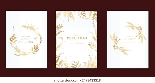 Luxury Merry Christmas and Happy New Year card vector. Winter leaves branch, pinecone, flower, holly with gold foil texture on white background. Illustration for cover, print, poster, invitation.