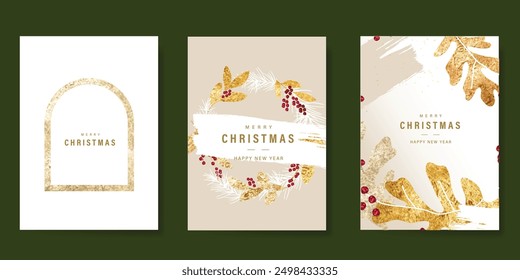 Luxury Merry Christmas and Happy New Year card vector. Winter leaves branch, berry, frame with gold foil texture on beige and white background. Illustration for cover, print, poster, invitation.