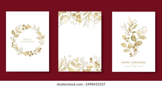Luxury Merry Christmas and Happy New Year card vector. Winter leaves branch, holly berry with gold texture on white background. Illustration for cover, print, poster, invitation.