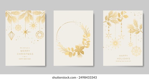 Luxury Merry Christmas and Happy New Year card vector. Winter leaves branch, pinecone, bauble, snowflake with gold foil texture on white background. Illustration for cover, print, poster, invitation.