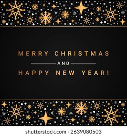 Luxury Merry Christmas and Happy New Year black background greeting card with gold snowflake border festive winter holiday template vector design	