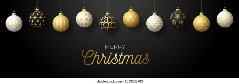 Luxury Merry Christmas horizontal banner. Christmas card with ornate black, gold and white realistic balls hang on a thread on black modern background. Vector illustration. Place for your text