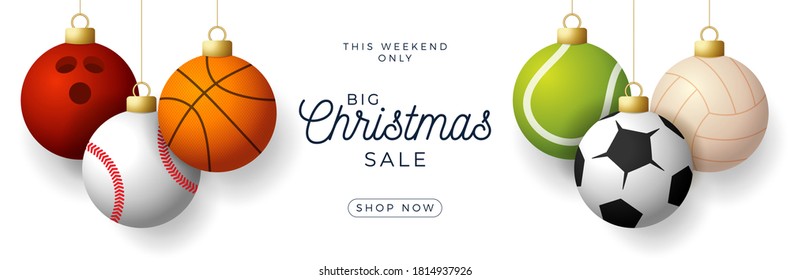 Luxury Merry Christmas Horizontal Banner. Christmas Card With Sport Baseball, Basketball, Football, Tennis Balls Hang On A Thread On White Modern Background. Vector Illustration. Place For Your Text