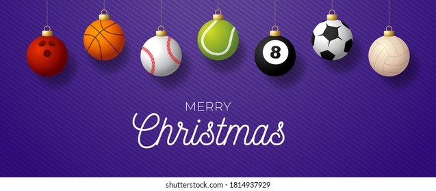 Luxury Merry Christmas horizontal banner. Christmas card with sport baseball, basketball, football, tennis balls hang on a thread on purple modern background. Vector illustration. Place for your text