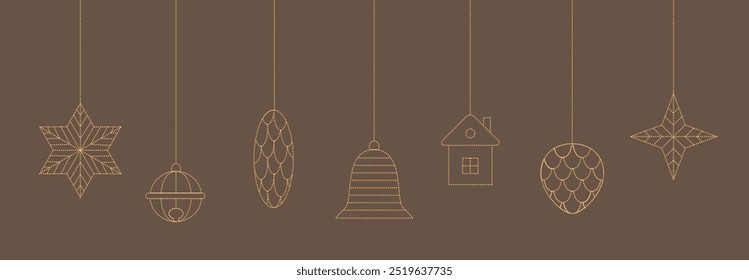 Luxury Merry Christmas, New Year pendant, ball, star, bauble, toy, cone, bell. Simple golden abstract outline vector elements.