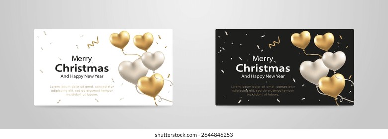 Luxury Merry Christmas and New Year Greeting Card Template with Gold and Silver Heart Balloons