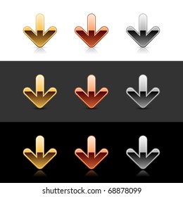 Luxury metal arrow down sign web 2.0 icon with shadow and reflection on black, gray and white