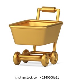 Luxury metallic golden hypermarket pushcart with handle wheels for goods transportation realistic 3d icon vector illustration. Glossy supermarket trolley badge internet purchase adding digital store