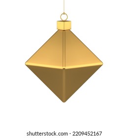 Luxury metallic golden polygonal rhombus angled shape Christmas tree toy winter holiday decorative design vector illustration. Expensive Xmas spruce bauble hanging on thread with loop 3d template