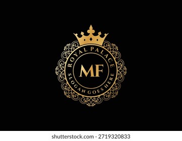 Design de logotipo inicial de luxo mf com modelo de palácio real dourado. Decoração quadro logotipo design vetor arte ilustração.