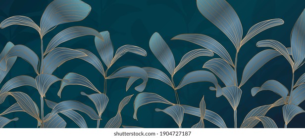 Luxury midnight blue floral background vector. Botanical leaves pattern. Golden Wallpaper design with tropical plant line arts, Vector illustration.