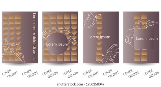 Lujo minimalista situado en tonos marrón y rosa oscuro con motivos geométricos y hojas doradas. Para imprimir en portadas, banners, ventas, volantes. Diseño moderno. Vector. EPS10