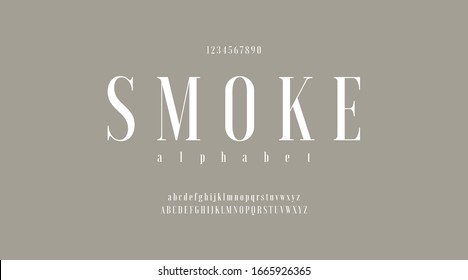 Luxury Minimal Classic Modern Typeface Typo Typography Alphabet Fonts And Number, Uppercase Lowercase And Number. Vector Illustration With Smoke Color Background. 