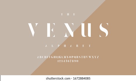 luxury minimal classic modern typeface typo typography alphabet fonts and number, uppercase lowercase and number. Vector illustration with solid soft brown color background.