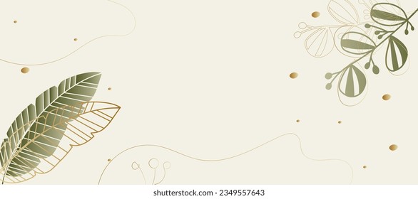 Luxury minimal style abstract art background vector with golden line art flower and botanical leaves, Organic shapes, Watercolor. Vector background for banner, poster, Web and packaging.