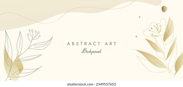 Luxury minimal style abstract art background vector with golden line art flower and botanical leaves, Organic shapes, Watercolor. Vector background for banner, poster, Web and packaging.