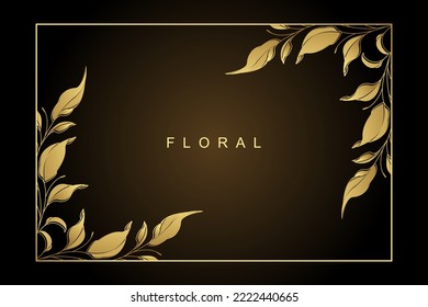 Luxury minimal style frame with golden line art flower and botanical leaves, Organic shapes. Vector background for banner, poster, wedding invitation and other concept. 0