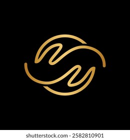 A luxury minimalist abstract two hands logo in a sleek gold design on a deep black background. Ideal for branding projects requiring elegance and sophistication.