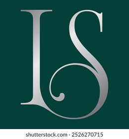 A luxury minimalist monogram logo featuring the letters "LS" in sleek silver on a deep green background. Ideal for branding projects requiring elegance and sophistication.