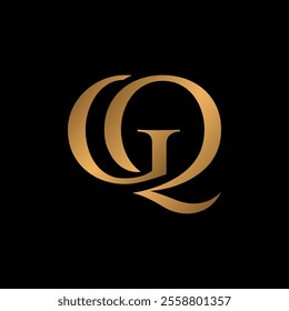 A luxury minimalist monogram logo featuring the letters "GQ" in a sleek gold design on a deep black background. Ideal for branding projects requiring elegance and sophistication.