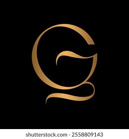 A luxury minimalist monogram logo featuring the letters "GQ" in a sleek gold design on a deep black background. Ideal for branding projects requiring elegance and sophistication.
