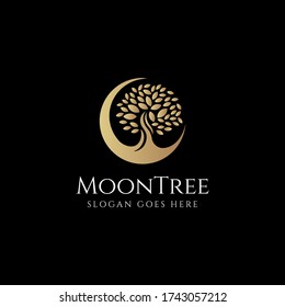 Luxury minimalist Moon and tree logo icon vector template on black background, tree of life, oak tree, old tree