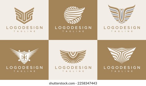 Luxury minimalist wings logo design template set. Gold wing logo branding vector