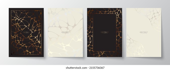 Luxury minimalistic geometric A4 templates set. Black and white premium abstract backgrounds design with elegant neurographic silver and golden patterns for invitation, brochure, card, notebook cover