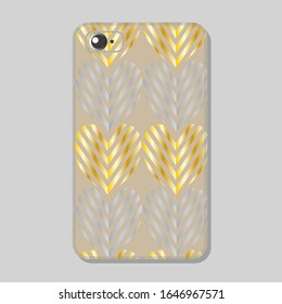 Luxuriöse Handy-Schutzhülle mit romantischen Mustern - Herzen der modischen Silhouette in Gold und Silber glänzenden Farben auf goldenem Hintergrund. Vektorillustration im Farbverlauf.
