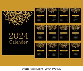 Luxury Modern 2024 Calender Black and Golden 12 page Calender Design Template Flat Vector