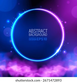 Luxo moderno abstrato fundo de néon em rosa, roxo e azul, círculos brilhantes e fumaça, luzes redondas futuristas e efeitos de luz para design de banner de cartaz digital, não AI gerado.
