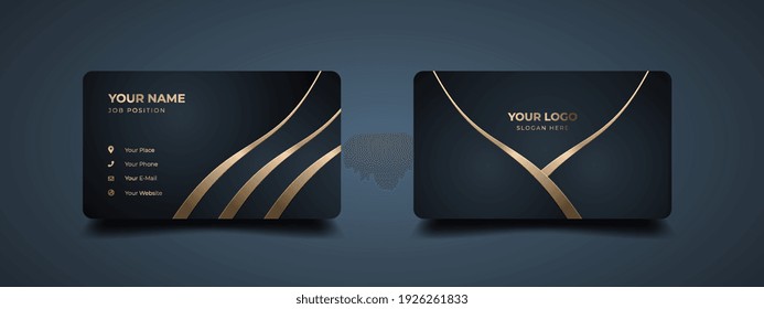 Luxury Modern Business Card Print Template. Creative And Clean Executive Business Class. Elegant Premium Design With Dark Background And Golden Effect. Editable Mockup With Modern Gold Embossed.