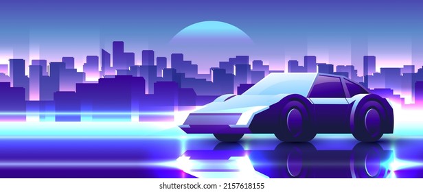 Luxury modern car stands on urban background. Night glowing neon metropolis horizontal illustration.