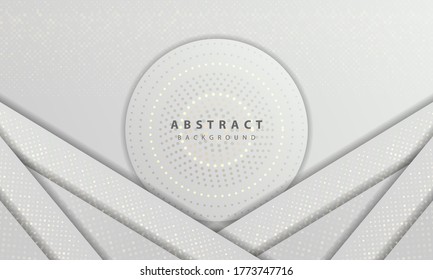 Luxury and modern concept texture with silver glitters dots element decoration. White abstract background with paper shapes overlap layers.
