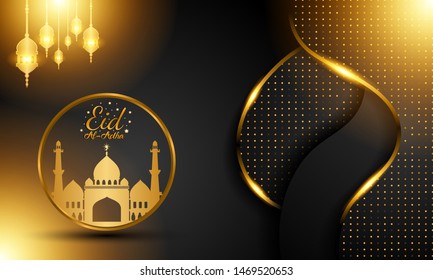 Luxury modern design of Eid Al Adha mubarak on dark background.  the celebration of Muslim community. Gold moon and mosque abstract islamic elements. vector eps10