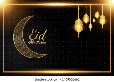 Luxury modern design of Eid Al Adha mubarak on dark background.  the celebration of Muslim community. Gold moon and mosque abstract islamic elements. vector eps10