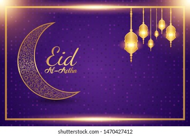 Luxury modern design of Eid Al Adha mubarak on purple background.  the celebration of Muslim community. Gold moon and mosque abstract islamic elements. vector eps10