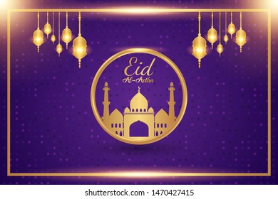 Luxury modern design of Eid Al Adha mubarak on purple background.  the celebration of Muslim community. Gold moon and mosque abstract islamic elements. vector eps10