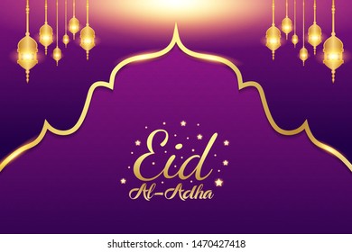 Luxury modern design of Eid Al Adha mubarak on purple background.  the celebration of Muslim community. Gold moon and mosque abstract islamic elements. vector eps10