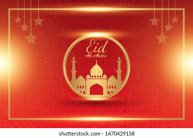 Luxury modern design of Eid Al Adha mubarak on red background.  the celebration of Muslim community. Gold moon and mosque abstract islamic elements. vector eps10
