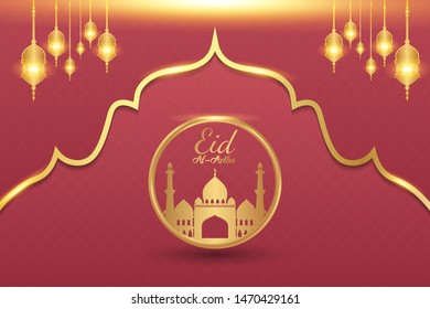 Luxury modern design of Eid Al Adha mubarak on red background.  the celebration of Muslim community. Gold moon and mosque abstract islamic elements. vector eps10